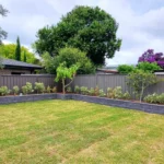 Lush green lawn in a Sydney backyard with neatly trimmed bushes, a small tree, and a dark fence, showcasing professional turf laying services.