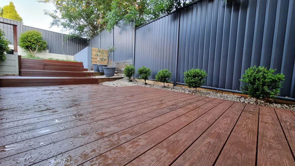 Custom wooden deck with clean lines and natural finish