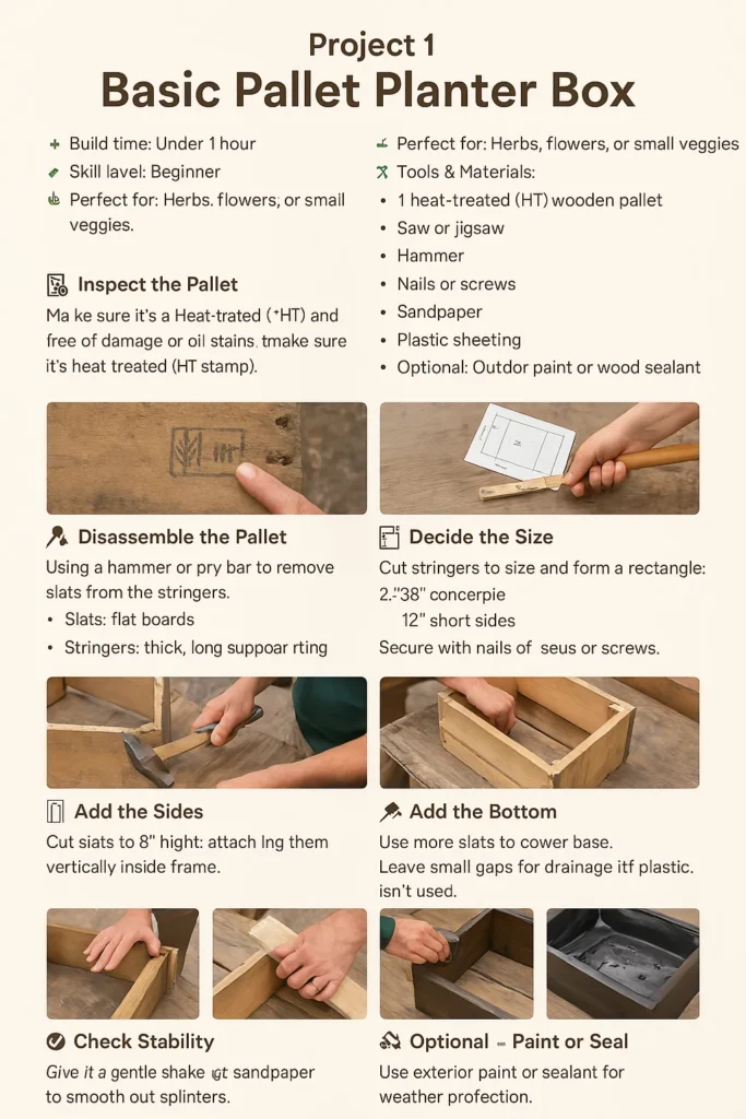 An instructional infographic titled 'Pallet Planter Box Project' showing step-by-step visuals for building a basic rectangular planter box using a wooden pallet. The steps include inspecting and dismantling the pallet, cutting and assembling the wooden pieces into a box, attaching the sides and bottom, sanding, painting, lining with plastic, and filling with soil and plants.