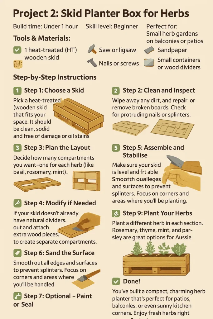 A step-by-step instructional infographic titled "Project 2: Skid Planter Box for Herbs." It features a clean layout with icons and illustrations showing each step of the process. The design highlights the build time (under 1 hour), skill level (beginner), and ideal use (small herb gardens on balconies or patios). Each numbered step—from choosing a heat-treated skid and cleaning it, to planning the layout, modifying it for compartments, assembling, sanding, painting, and planting herbs—is visually supported with tools and herb icons. The design uses earthy tones and green accents, emphasizing eco-friendliness and DIY charm.