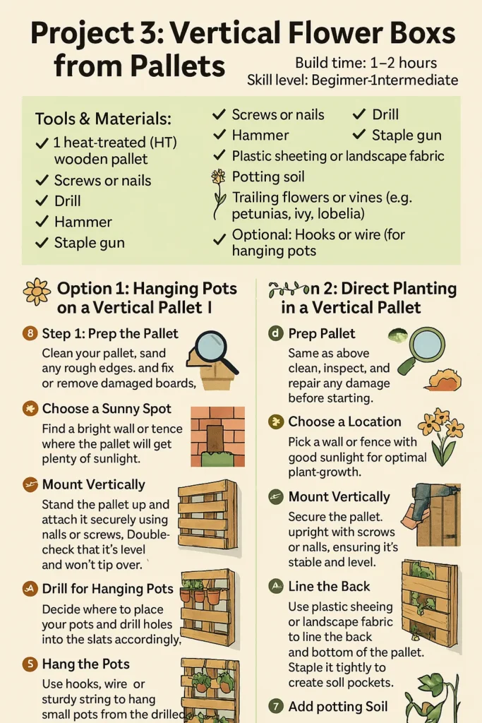 An instructional infographic titled "Project 3: Vertical Flower Boxes from Pallets" showing two DIY options for creating a vertical garden. The left half outlines Option 1: Hanging Pots on a Vertical Pallet, with seven clear steps and corresponding icons like a drill, sun, and flower pots. The right half explains Option 2: Direct Planting in a Vertical Pallet, also with eight step-by-step instructions and matching visuals. Both options include tools and materials like a pallet, drill, soil, staple gun, and trailing flowers. The overall design uses pastel greens, browns, and yellows for a natural, earthy tone, with a clean, easy-to-follow layout.