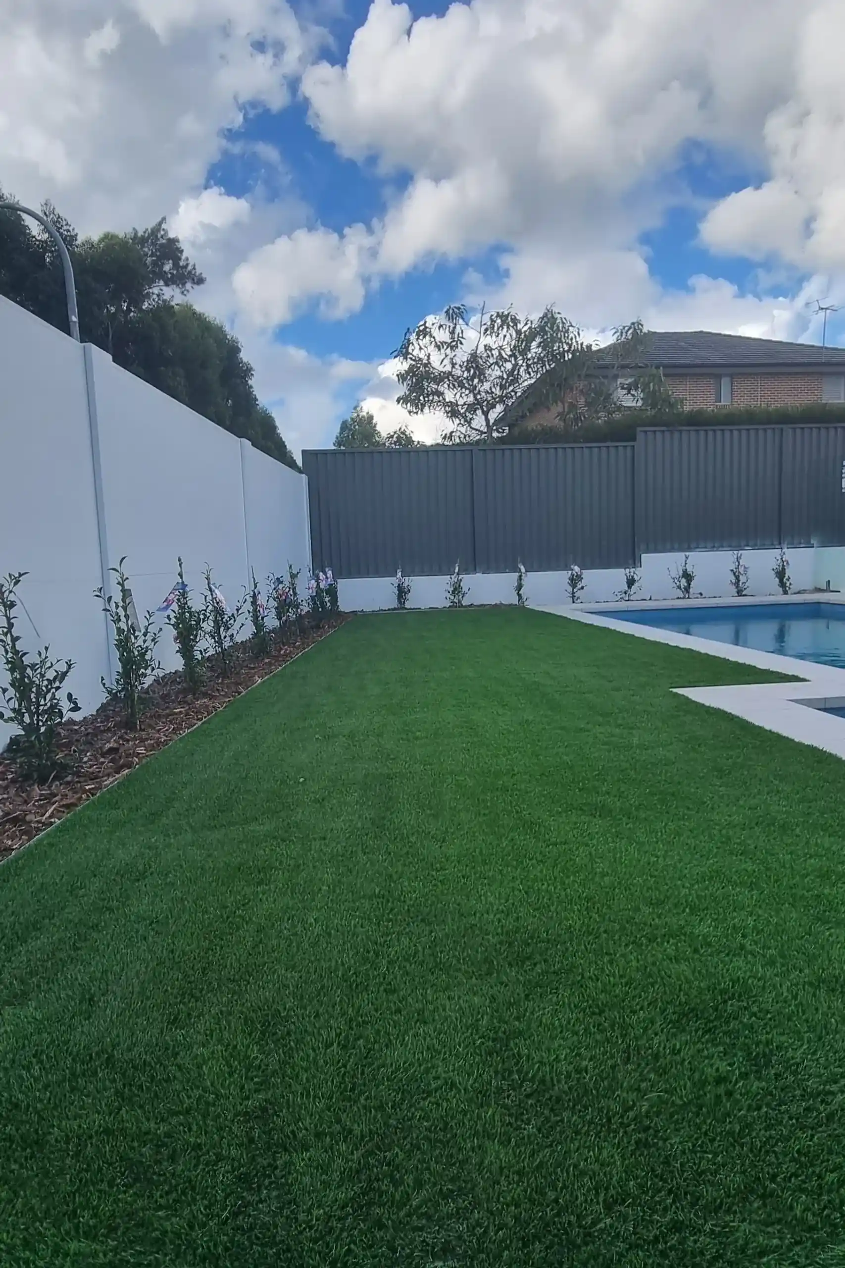 Artificial grass installation service by Arianya Landscapes in a Sydney backyard, featuring a lush fake grass lawn next to a pool, with a white fence, mulched garden bed, and young plants under a cloudy sky.