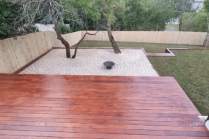 Close-up of high-quality deck boards with a natural wood texture.