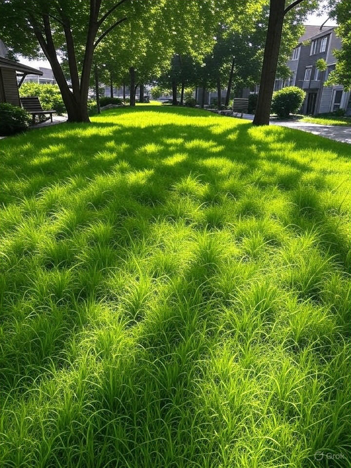 A lush, green lawn stretching into the distance under a bright blue sky with a few scattered clouds, bordered by a line of dark trees on the horizon.