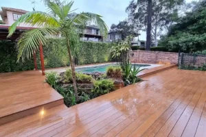 Elegant timber decking enhancing a lush garden landscape.