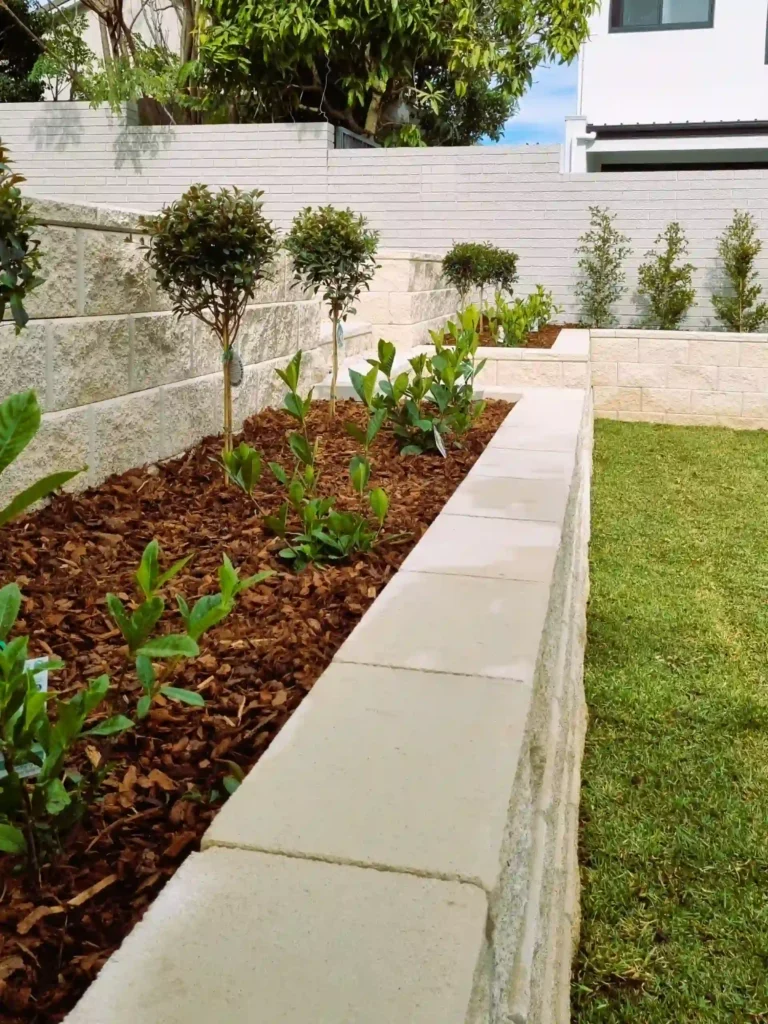 Newly mulched garden beds with young plants and an irrigation system setup in a modern Sydney backyard.