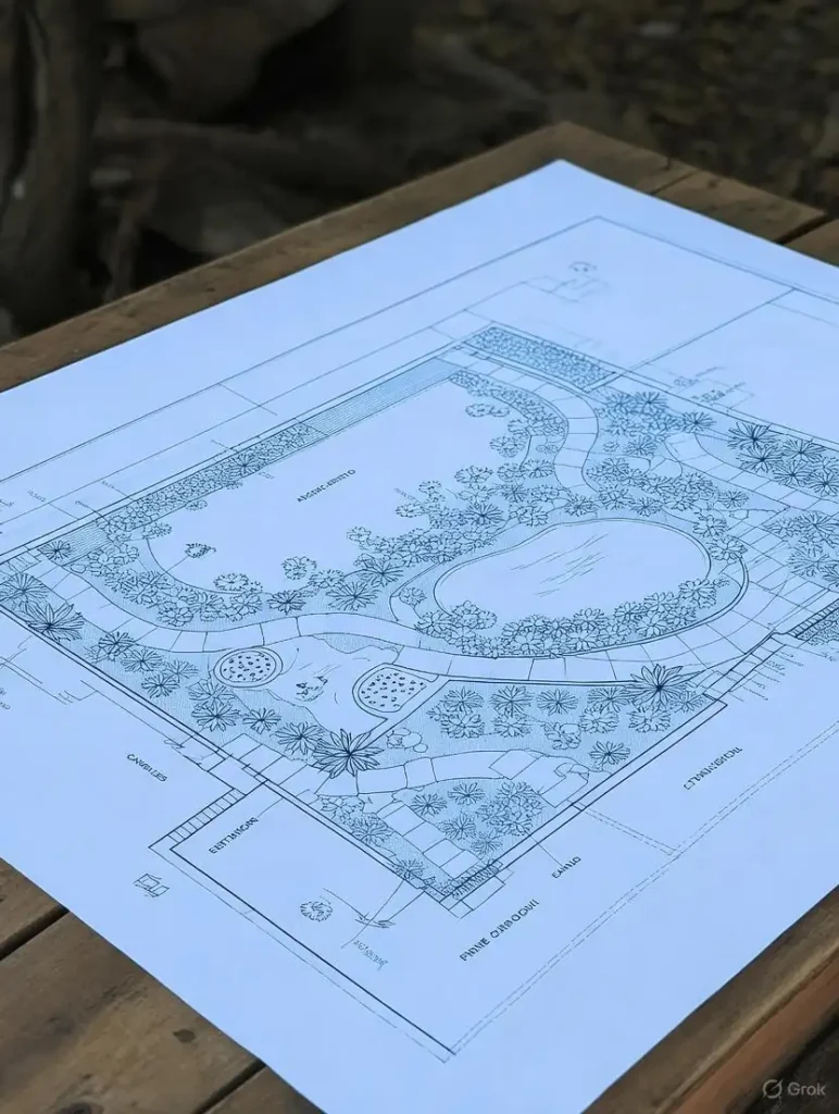 Landscape construction plan with project details to save time and money, on desk with Sydney window view.
