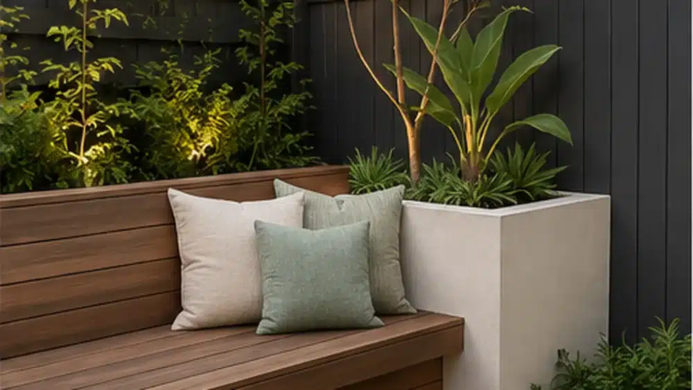 Built in bench seat with planter beside timber decking