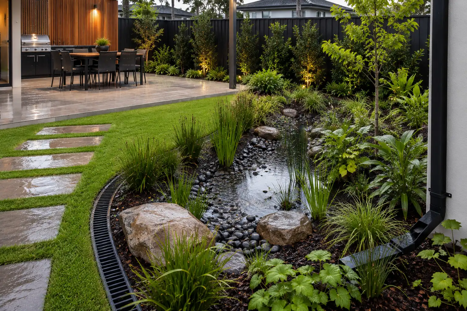 backyard drainage solutions rain garden Sydney
