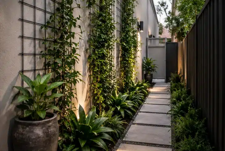 narrow side yard landscaping ideas with vertical planting in Sydney