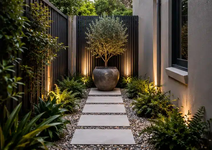 small side garden with stepping stone path and feature planting in Sydney