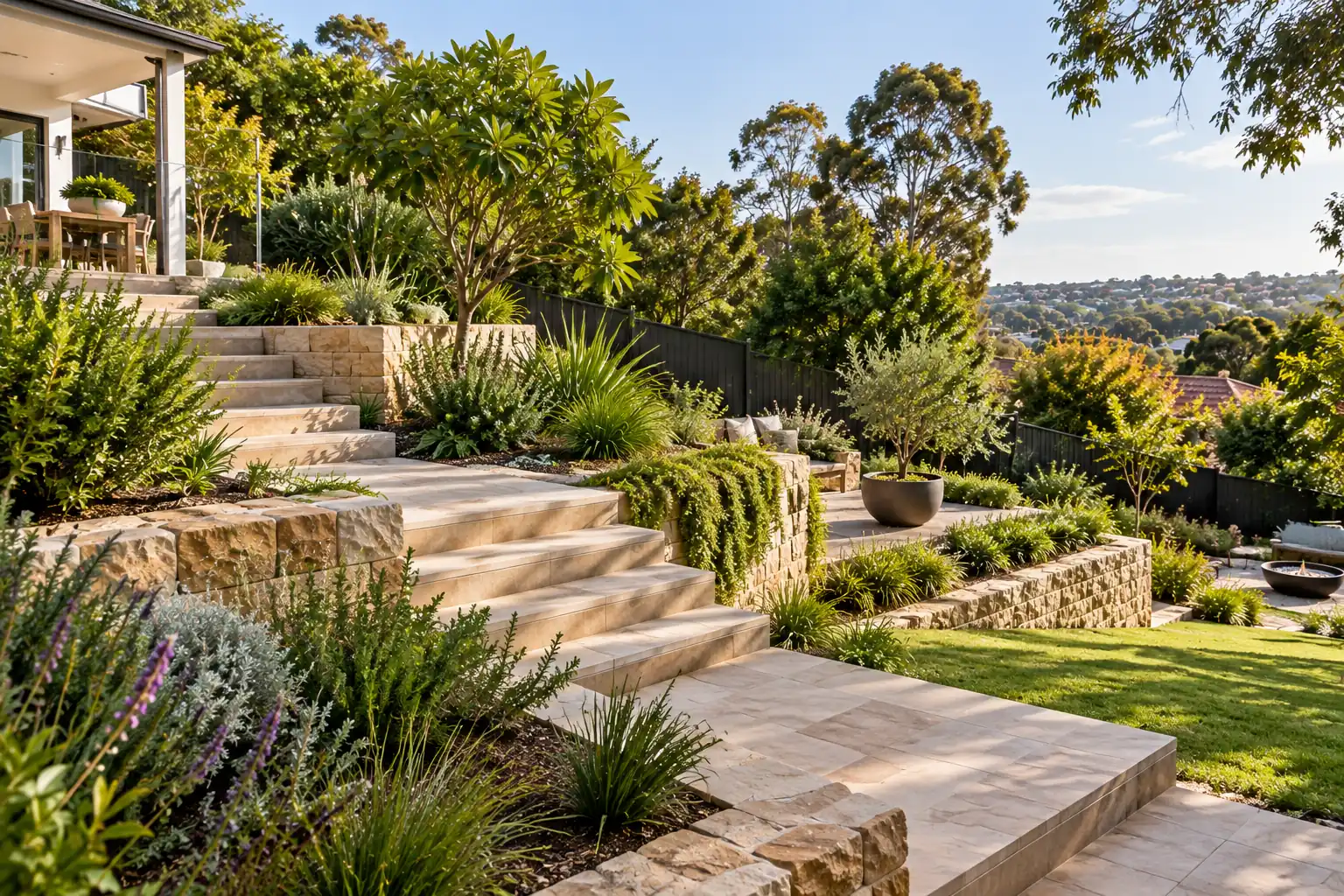 sloped backyard ideas Sydney paving steps retaining walls