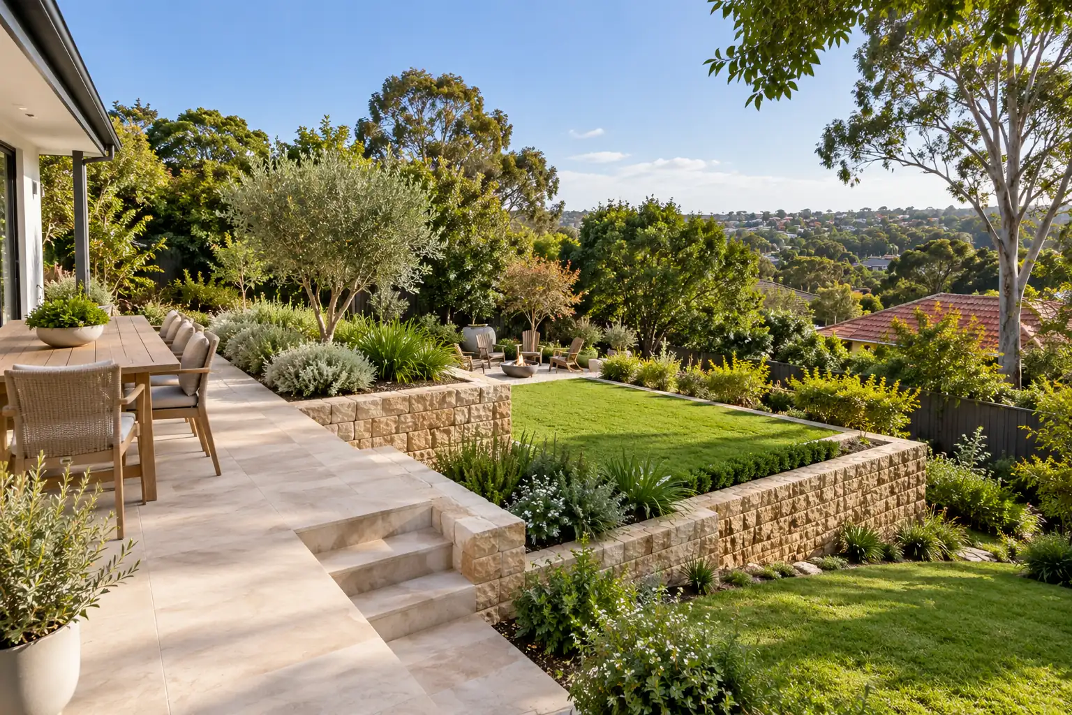sloping backyard landscaping Sydney with terraced garden